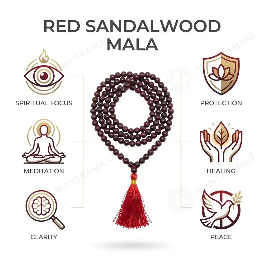 MantraMani Red Sandalwood Beads Mala - Plain Round Smooth Rakta Chandan Mala - 6mm