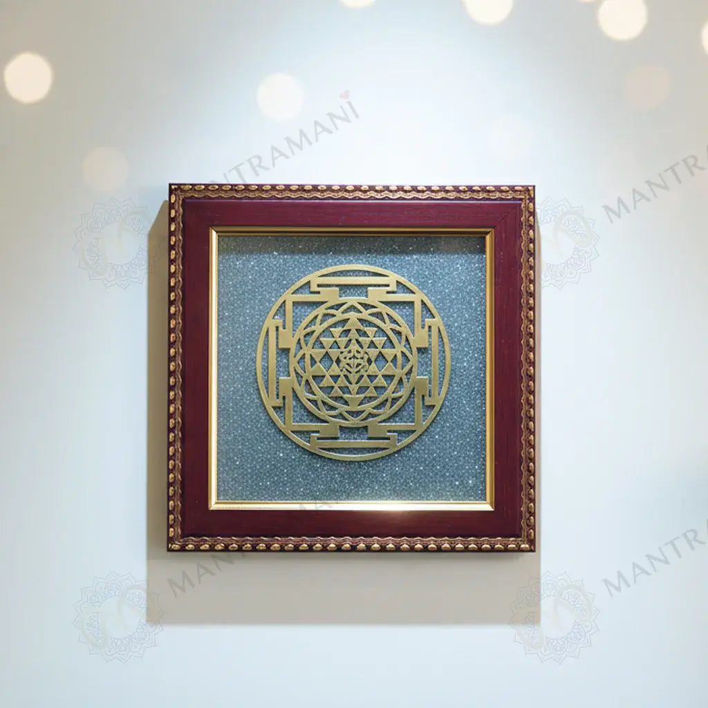 MantraMani Shree Yantra Raw Pyrite Frame for Wealth Manifestation with FREE Raw Pyrite Stone