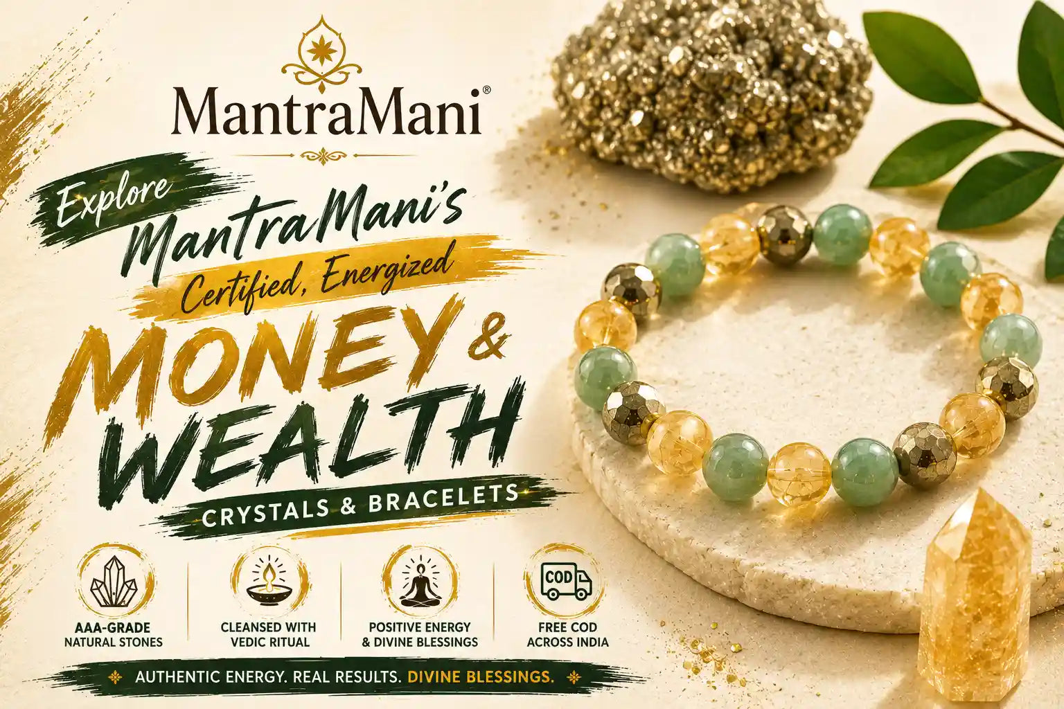 Best crystals and bracelets for money and wealth in India — pyrite, citrine, green aventurine | MantraMani