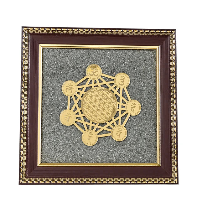 MantraMani 7 Chakra Raw Pyrite Frame for Energy Balance & Wealth Flow with FREE Raw pyrite stone