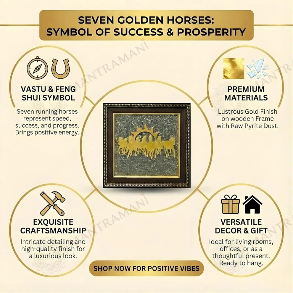 MantraMani 7 Running Horses Frame & Raw Pyrite Stone - Success & Wealth Combo