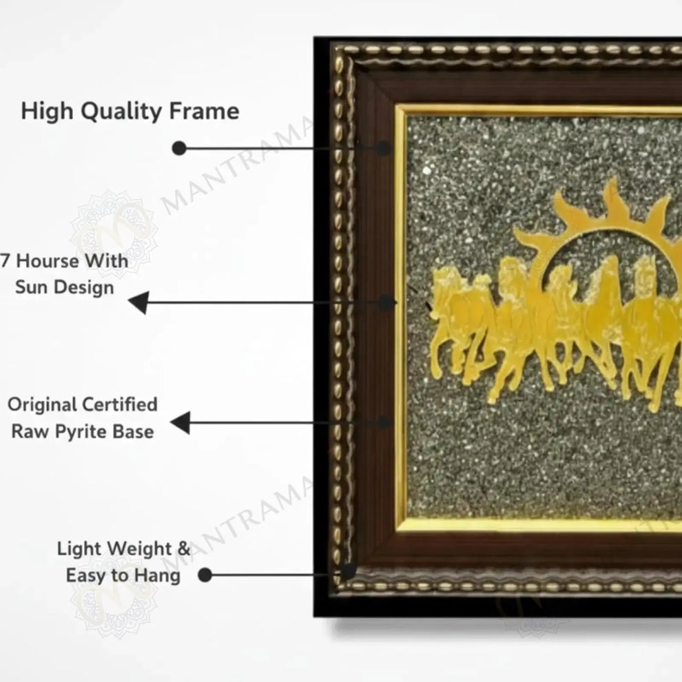 MantraMani 7 Running Horses Frame & Raw Pyrite Stone - Success & Wealth Combo