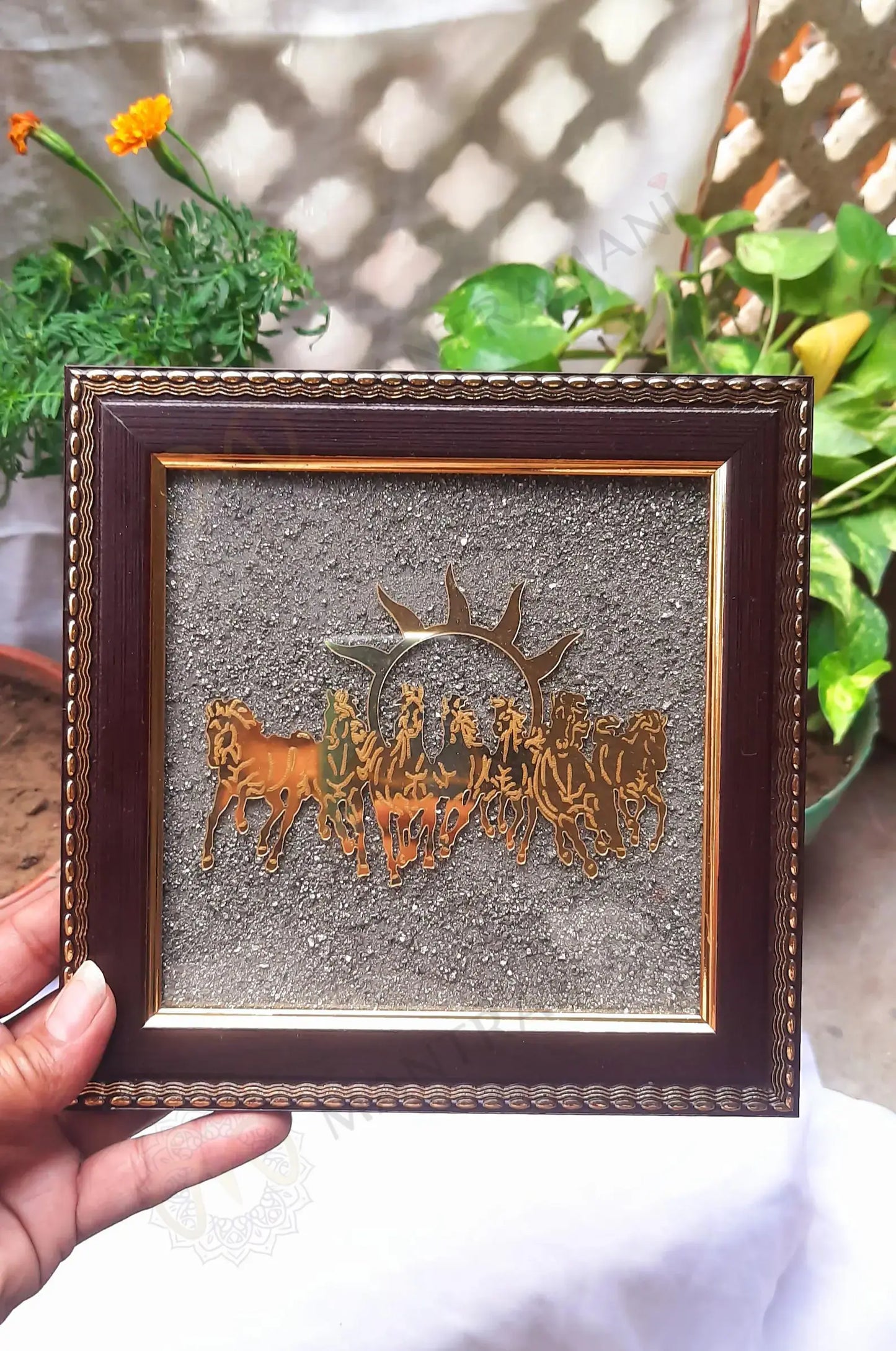 MantraMani 7 Running Horses Frame & Raw Pyrite Stone - Success & Wealth Combo