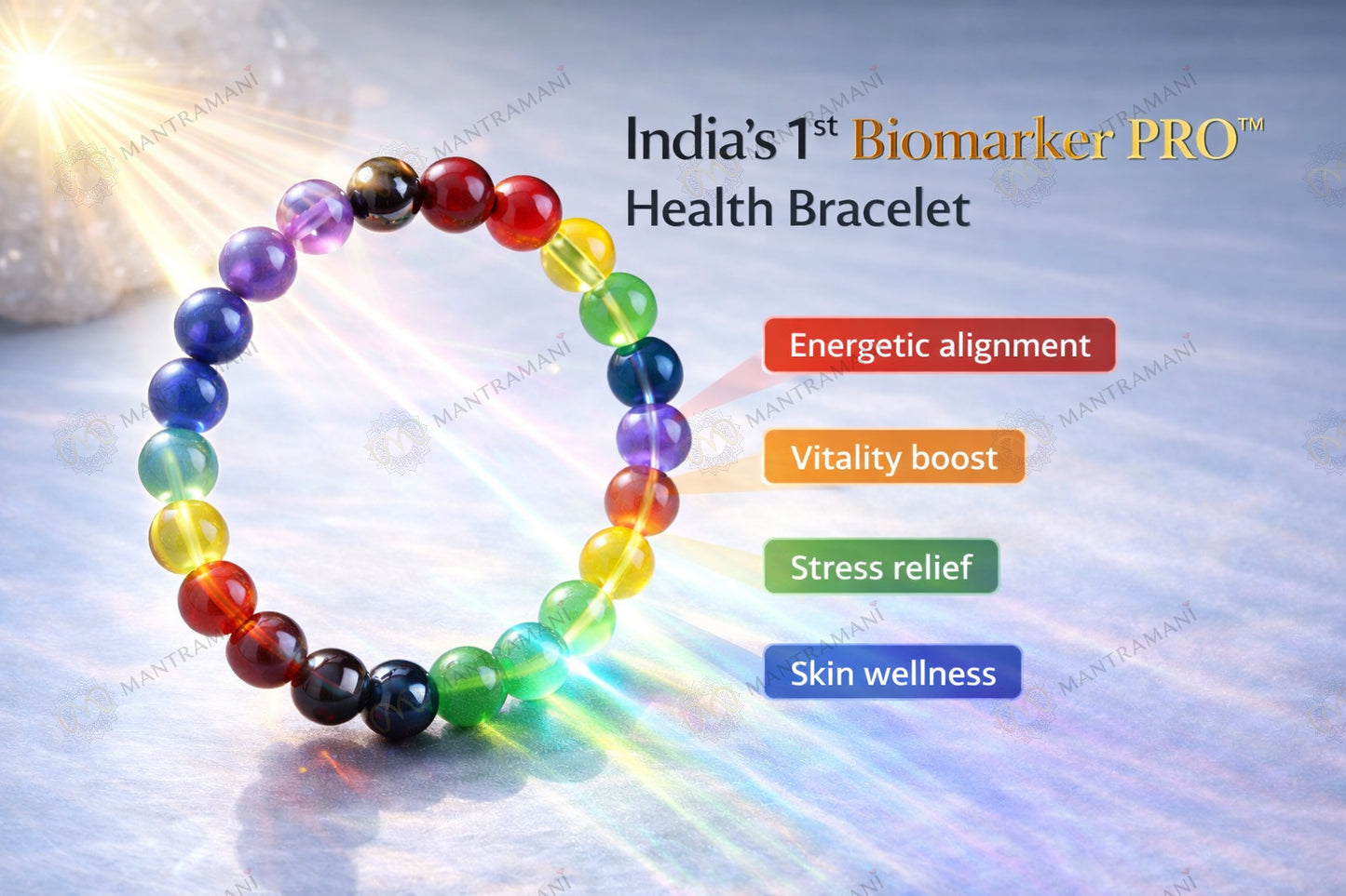 MantraMani BioMarker PRO Wellness Bracelet - India’s 1st Mineral - Skin Contact & Sunlight - Activated Energy Bracelet for Stress, Focus & Daily Health Support