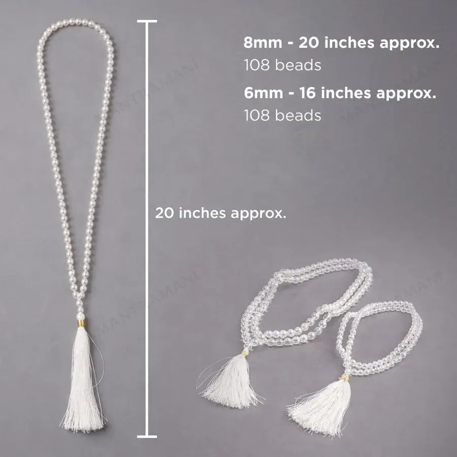 MantraMani Sphatik Japa Mala - 27 + 1 Natural Sphatik / Crystal / Quartz Stone Plain Beads Japa Mala Rosary - Original High Quality Clear Smooth Round Beads Crystal Gemstone Mala