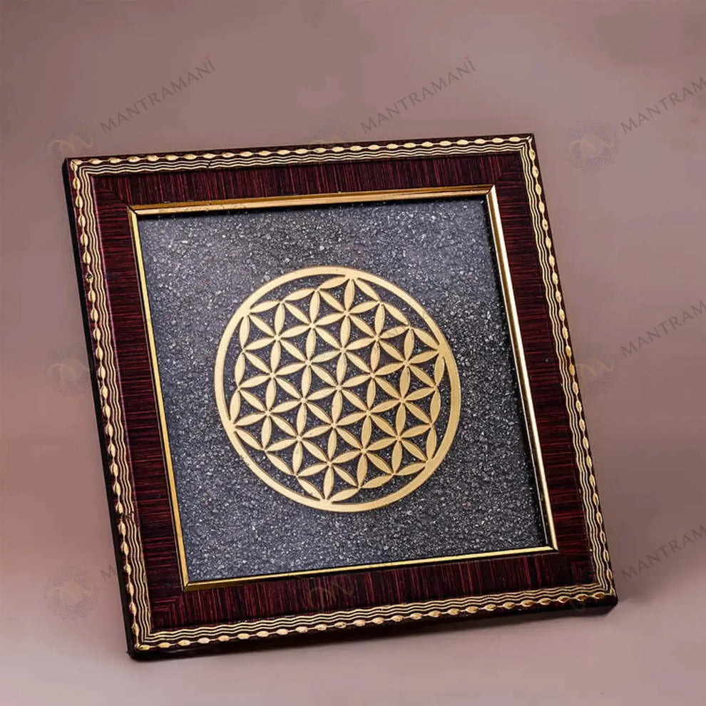 MantraMani Flower of Life Raw Pyrite Frame - Balance & Wealth Energy Frame