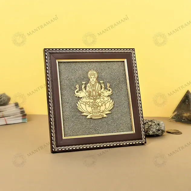 MantraMani Goddess of Wealth & Fortune Gajalakshmi Raw Pyrite Frame with FREE Raw Pyrite Stone