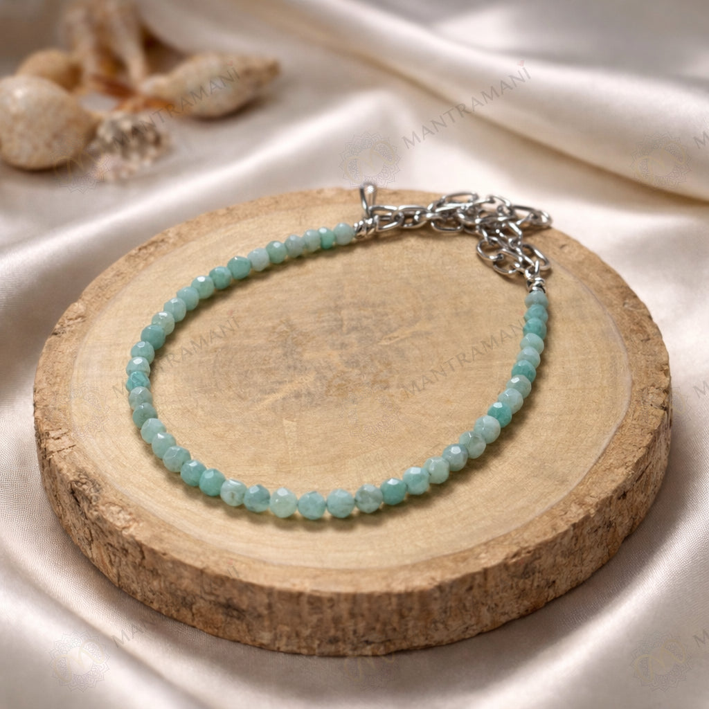 MantraMani Aquamarine Crystal Anklet - Calm Mind, Good Communication, Emotional Healing