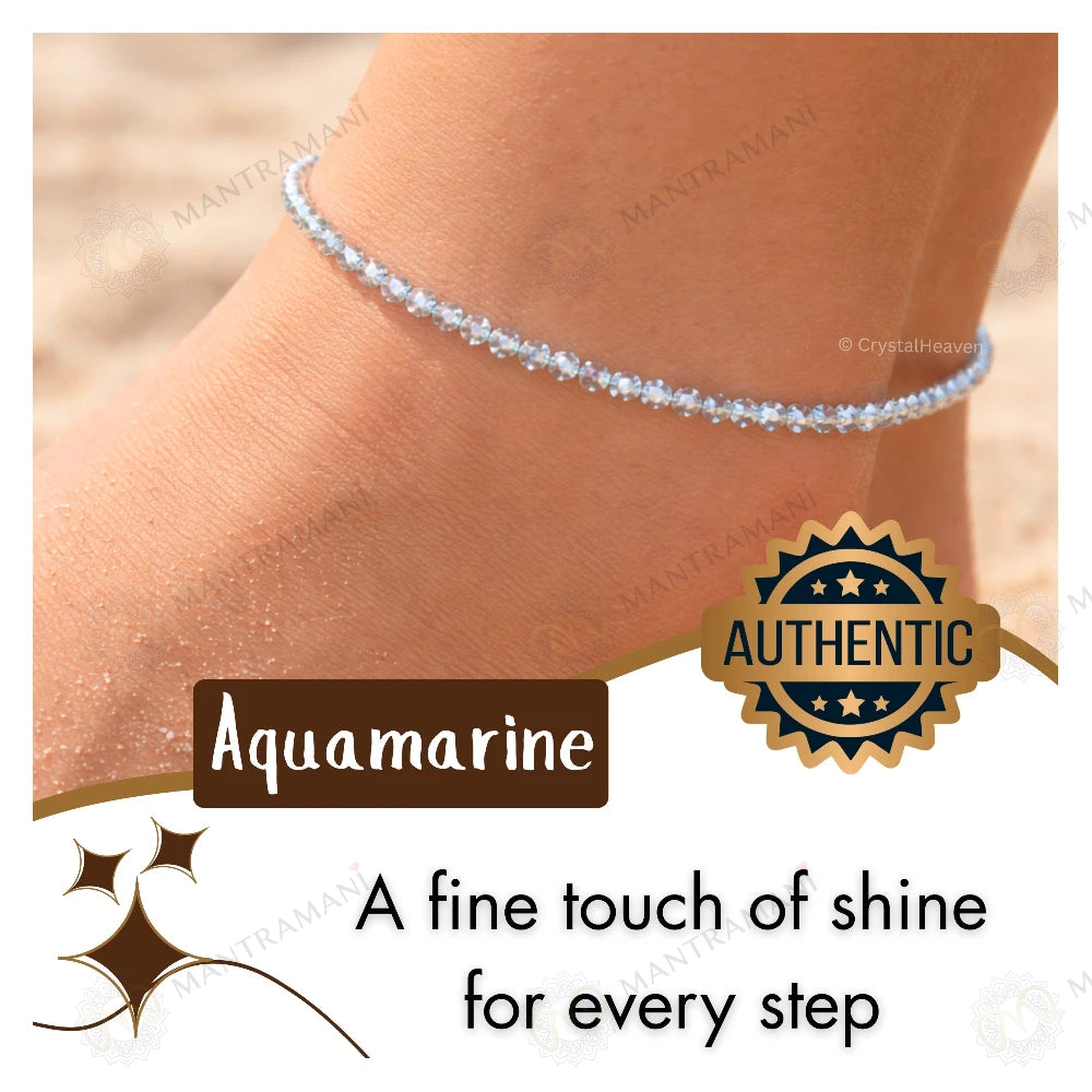 MantraMani Aquamarine Crystal Anklet - Calm Mind, Good Communication, Emotional Healing
