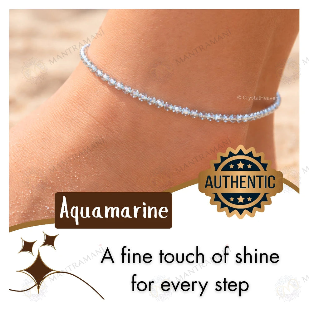 MantraMani Aquamarine Crystal Anklet - Calm Mind, Good Communication, Emotional Healing