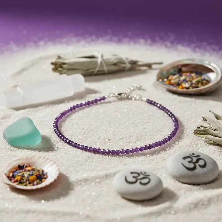 MantraMani Amethyst Anklet - Spiritual, Protection, Peace, Healing Energy