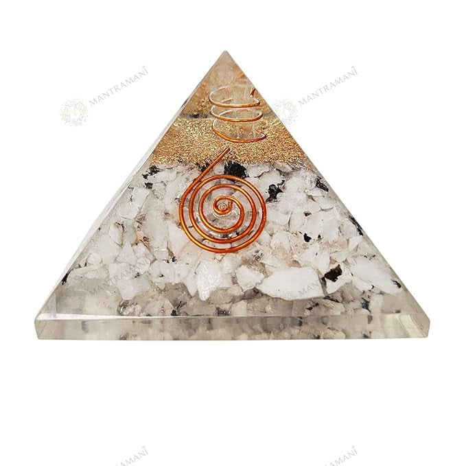 MantraMani Moonstone Orgonite Pyramid – Emotional Balance, Intuition & Harmony Crystal