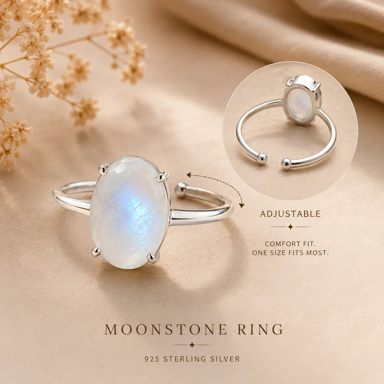 Moonstone Glow Ring (Adjustable) for Calm, Clarity & Feminine Energy | MantraMani