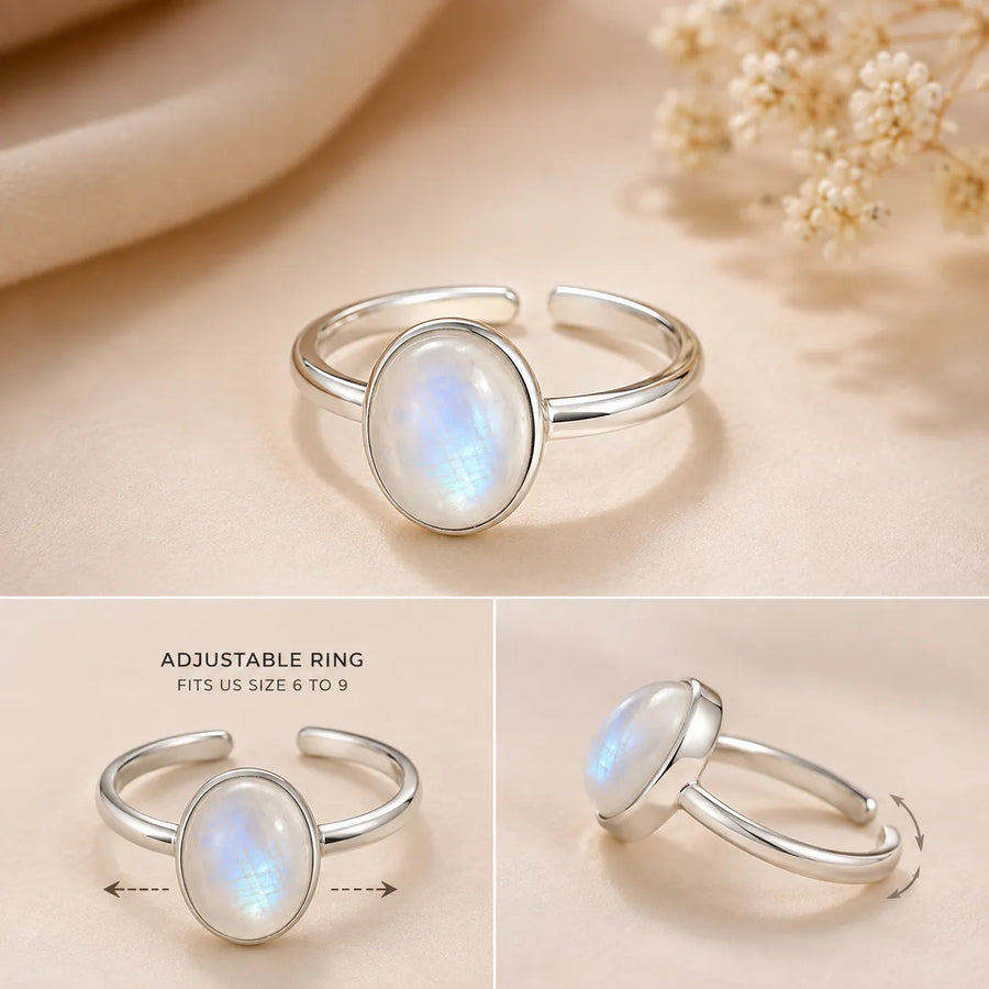 Rainbow Moonstone Silver Ring for Intuition & Emotional Balance | MantraMani