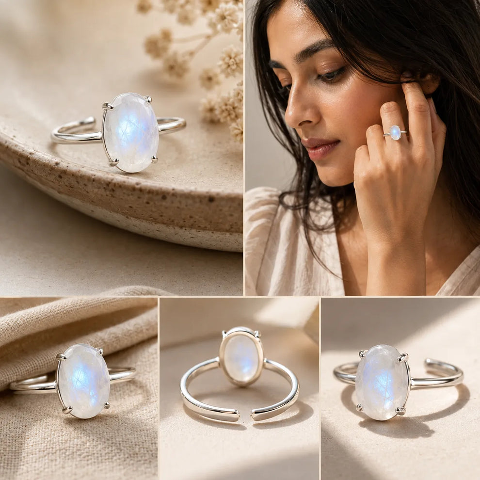 Moonstone Diamond-Cut Ring in 925 Silver for Spiritual Growth | MantraMani