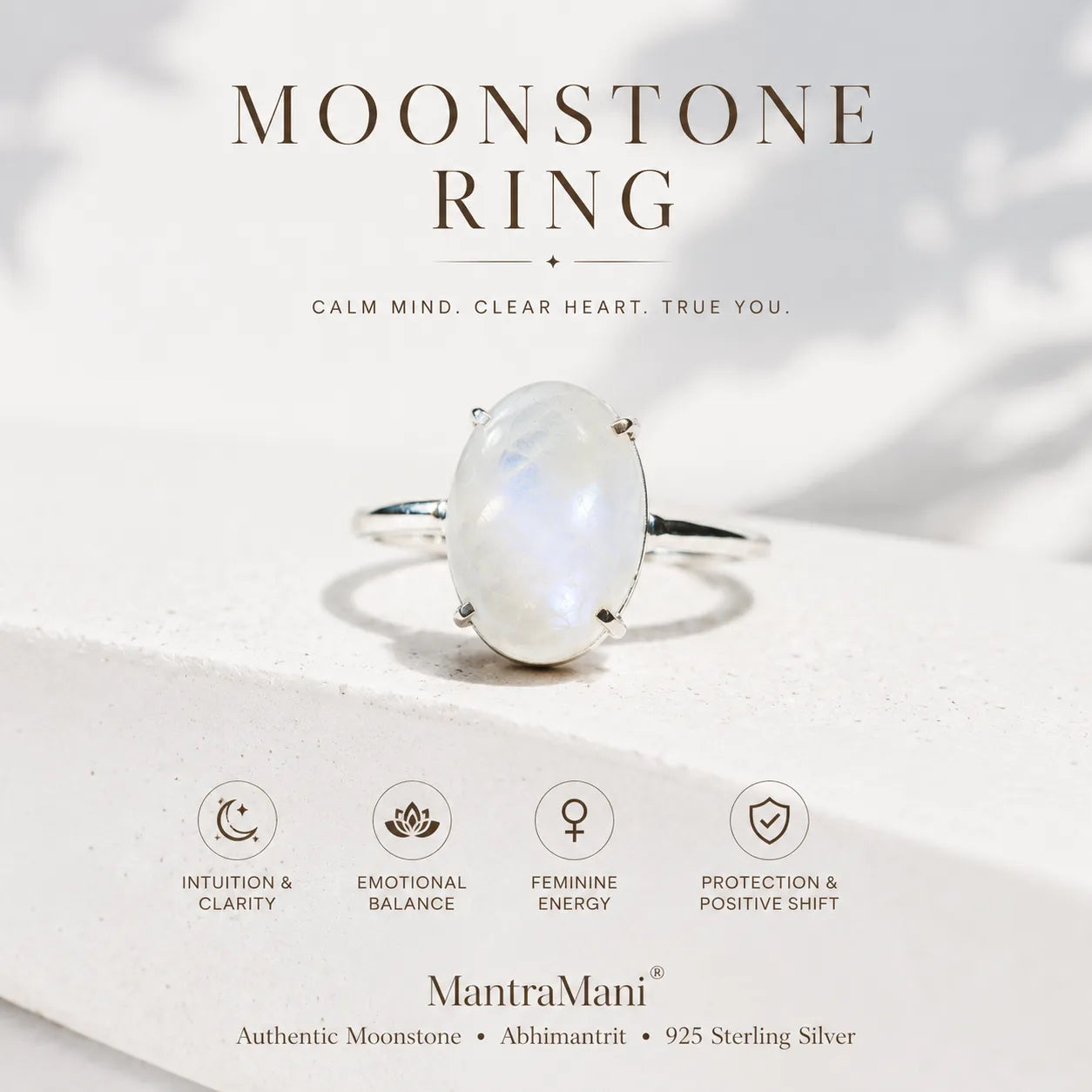 Moonstone Diamond-Cut Ring in 925 Silver for Spiritual Growth | MantraMani