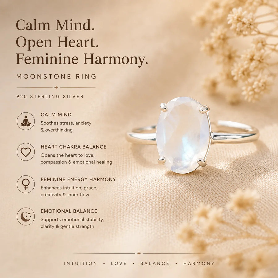 Moonstone Diamond-Cut Ring in 925 Silver for Spiritual Growth | MantraMani
