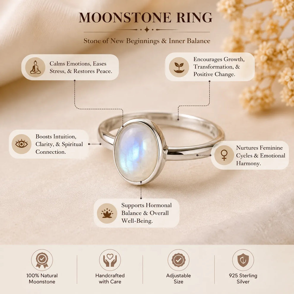 Moonstone Diamond-Cut Ring in 925 Silver for Spiritual Growth | MantraMani