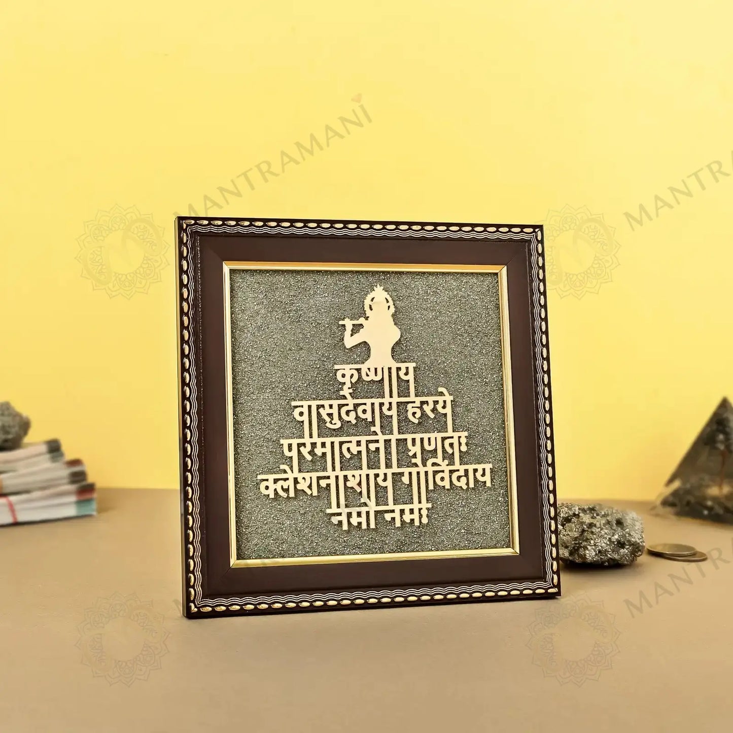 MantraMani Lord Krishna Raw Pyrite Frame - Narayan Mantra for Peace & Joy