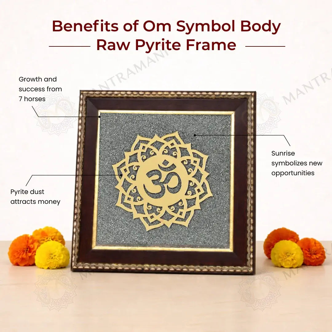 MantraMani Om Symbol Raw Pyrite Frame - Meditative Mandala for Peace & Cosmic Energy