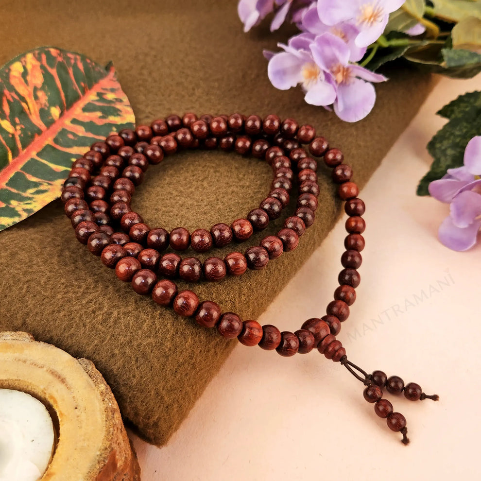 MantraMani Red Sandalwood Beads Mala - Plain Round Smooth Rakta Chandan Mala - 6mm