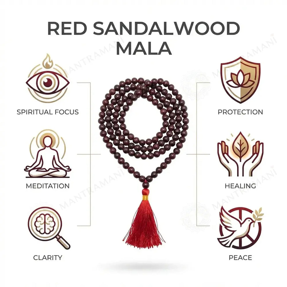 MantraMani Red Sandalwood Beads Mala - Plain Round Smooth Rakta Chandan Mala - 6mm