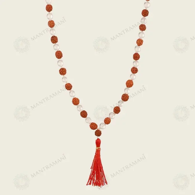 MantraMani Rudraksha & Clear Quartz (Rudraksha, Sphatik) – Mala - Spiritual Protection & Clarity - Shiva Healing