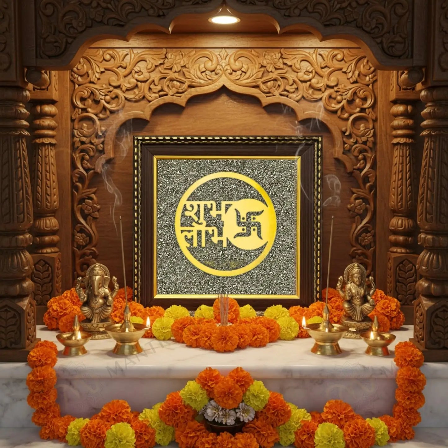 MantraMani Shubh Labh Raw Pyrite Frame - Swastika Symbol for Prosperity