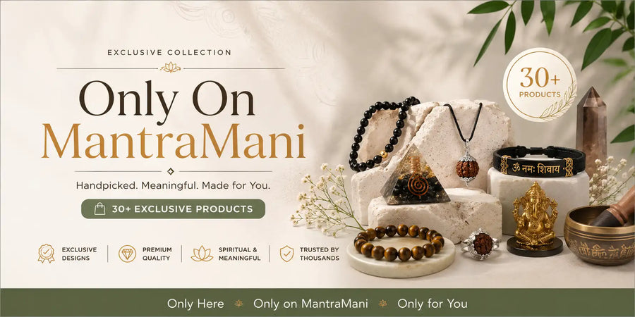 Only on MantraMani exclusive collection: rudraksha pendant, orgone pyramid, tiger eye bracelet and brass Ganesha