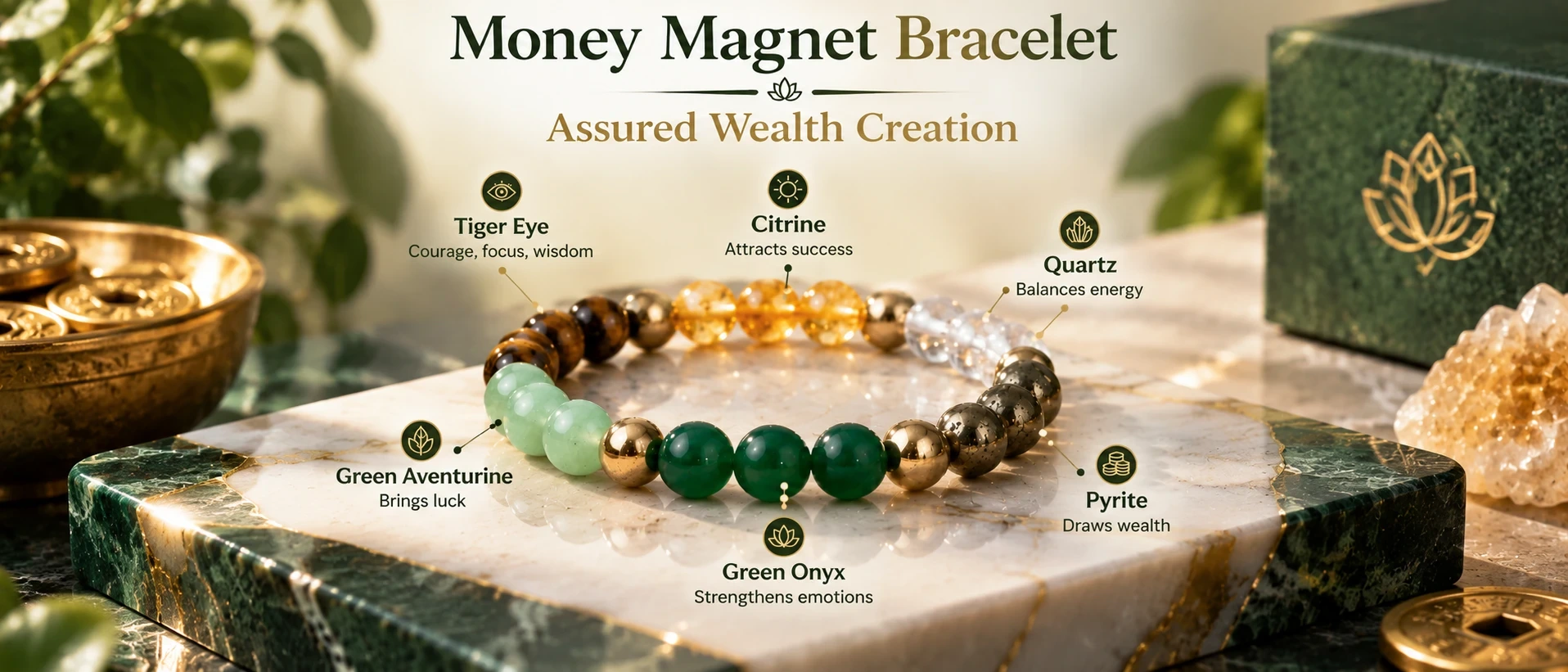 MantraMani Money Magnet Bracelet with tiger eye, citrine, quartz, pyrite, green onyx and green aventurine