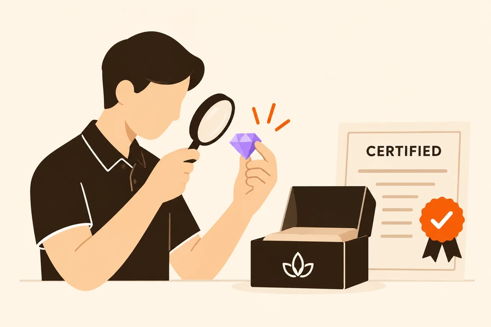 Customer checking a gemstone beside its certificate and MantraMani box