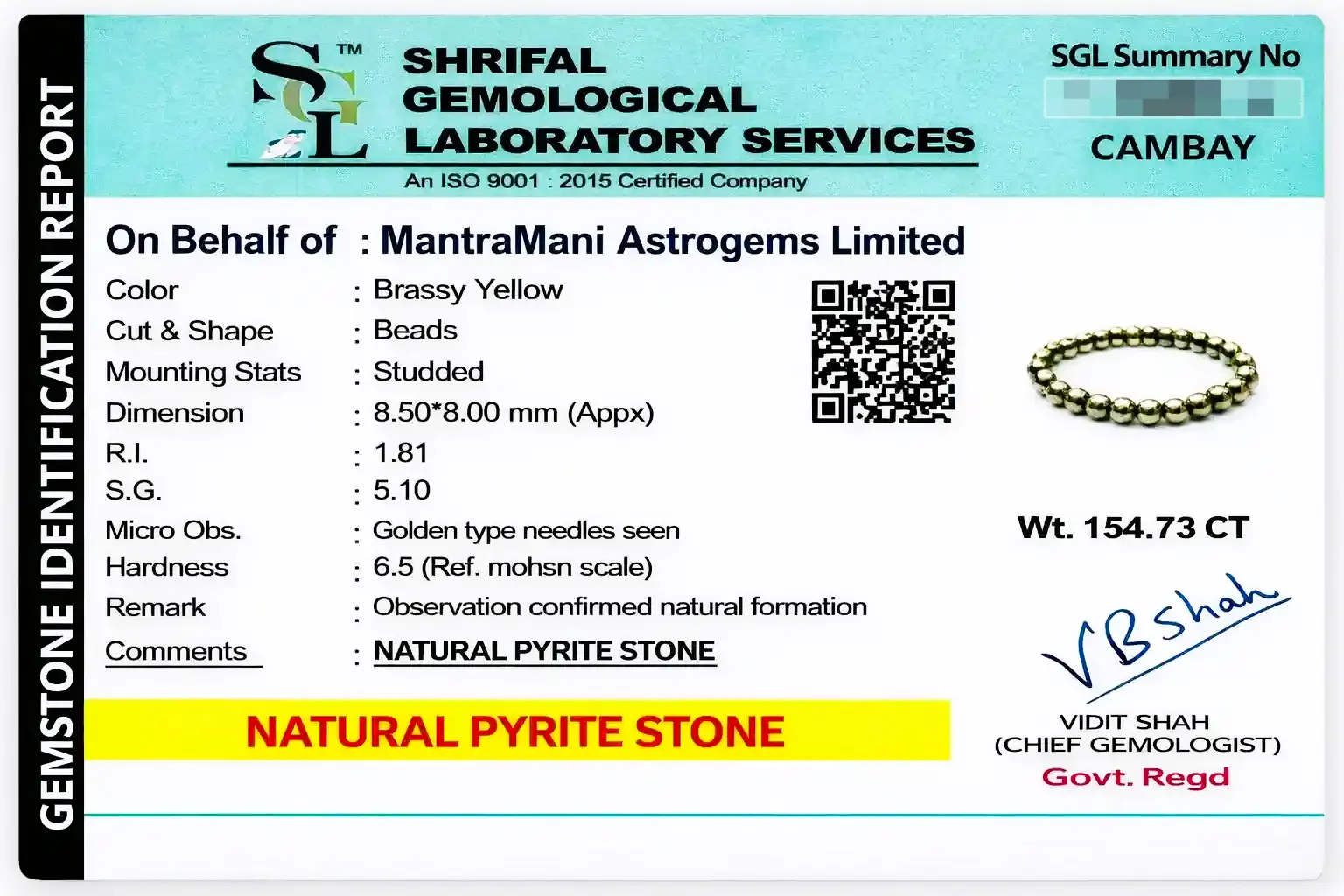 A gemstone identification report issued for a MantraMani order