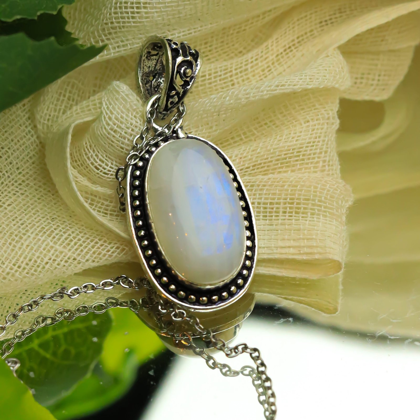MantraMani Moonstone Crystal Pendant - Natural Gemstone Necklace for Intuition, Balance & Spiritual Jewelry