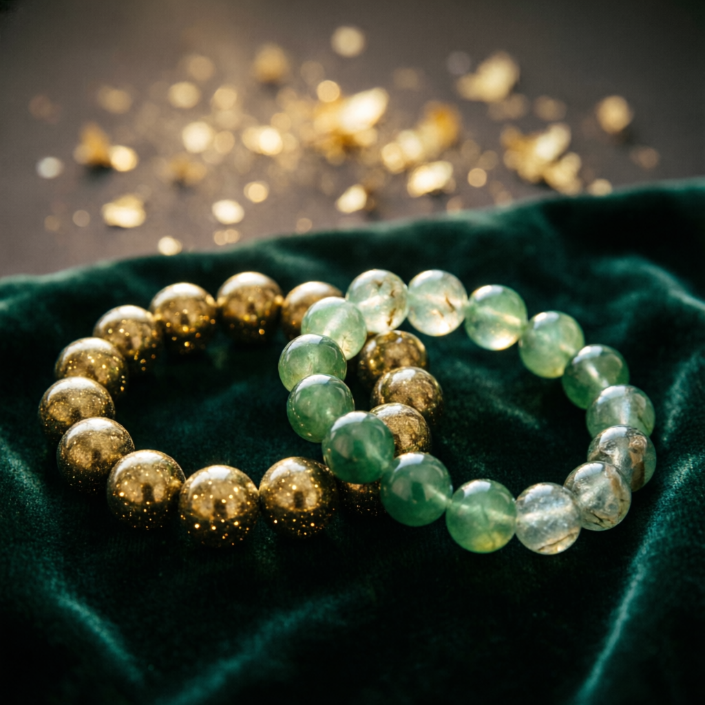 MantraMani Pyrite and Green Aventurine bracelet pair on emerald silk