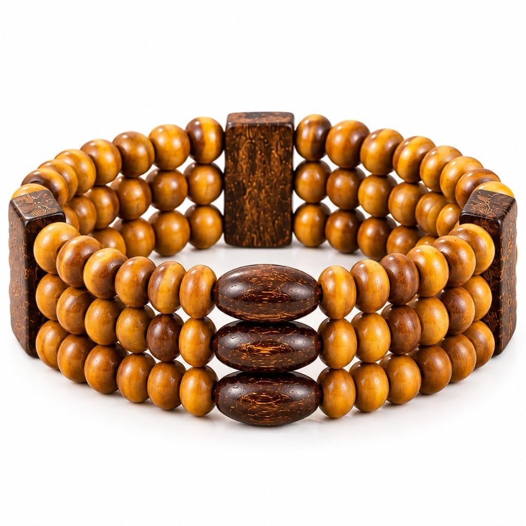 MantraMani Red Chandan & Tulsi Wood Bracelet – 3-Row Stretch Band