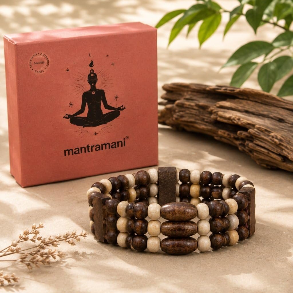 MantraMani Red Chandan & Bel Wood Bracelet – 3-Row Stretch Band