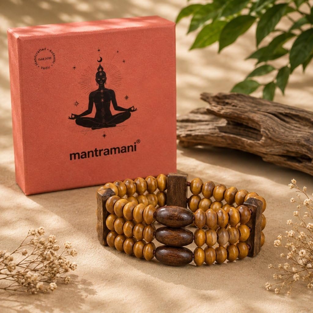 MantraMani Red Chandan & Tulsi Wood Bracelet – 3-Row Stretch Band