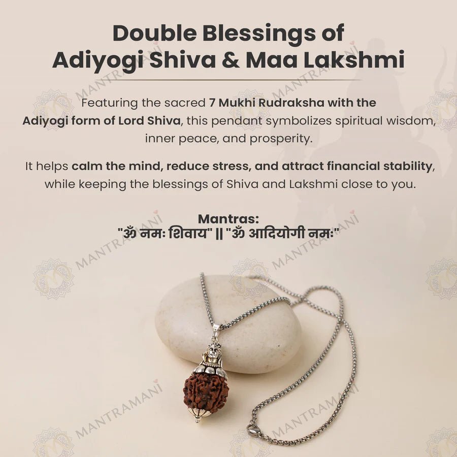 MantraMani Adiyogi Shiv 7 Mukhi Rudraksha Pendant - Energized Vedic Gemstone Jewelry - MantraMani