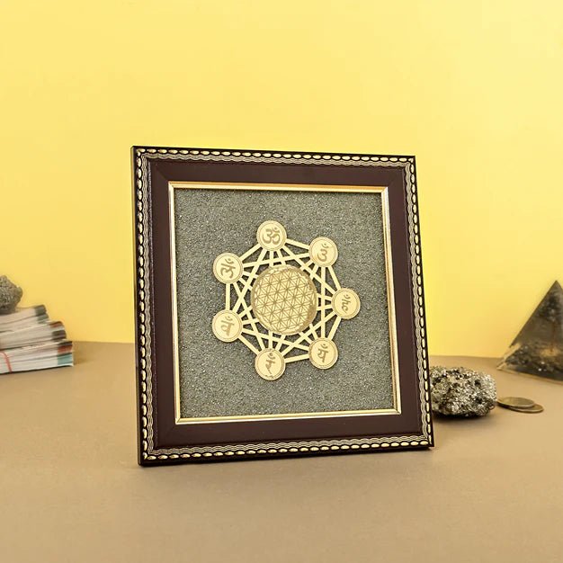 MantraMani 7 Chakra Raw Pyrite Frame for Energy Balance & Wealth Flow with FREE Raw pyrite stone