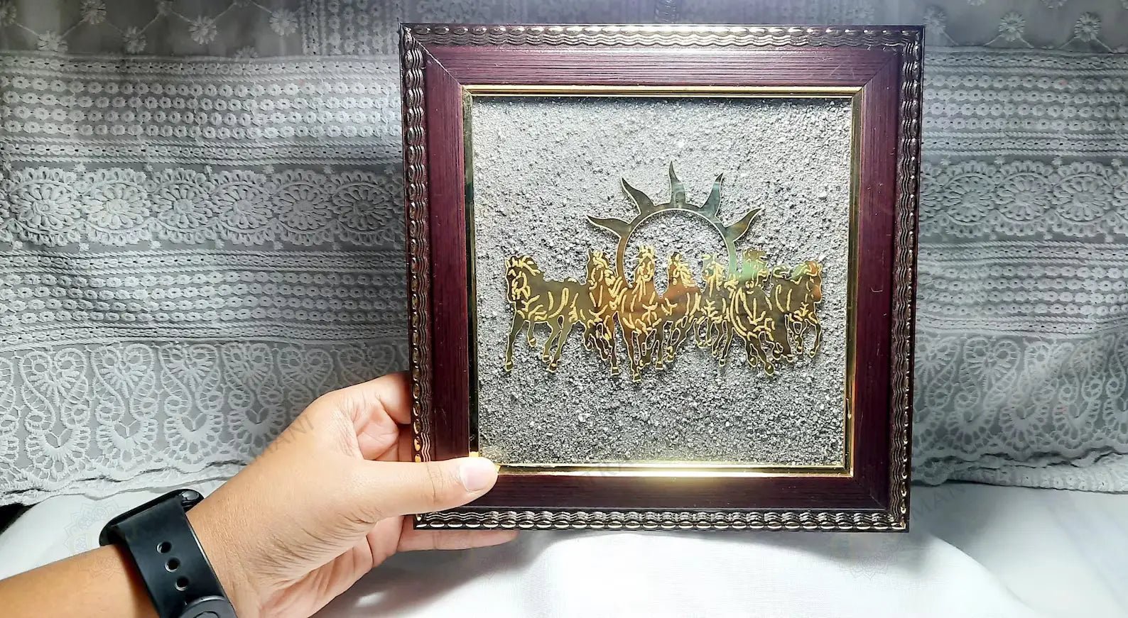 MantraMani 7 Running Horses Frame & Raw Pyrite Stone - Energized Vedic Gemstone Jewelry - MantraMani
