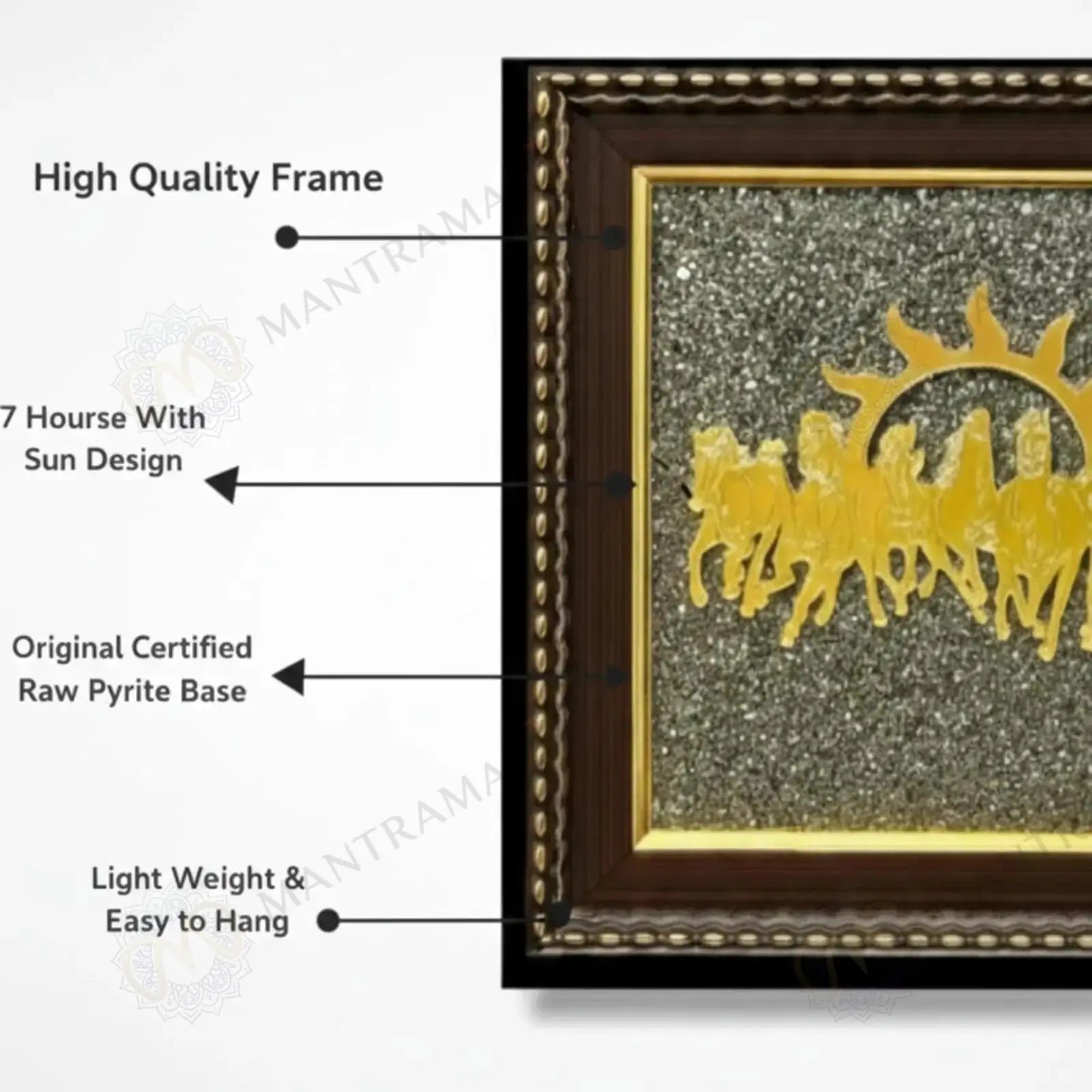MantraMani 7 Running Horses Frame & Raw Pyrite Stone - Energized Vedic Gemstone Jewelry - MantraMani