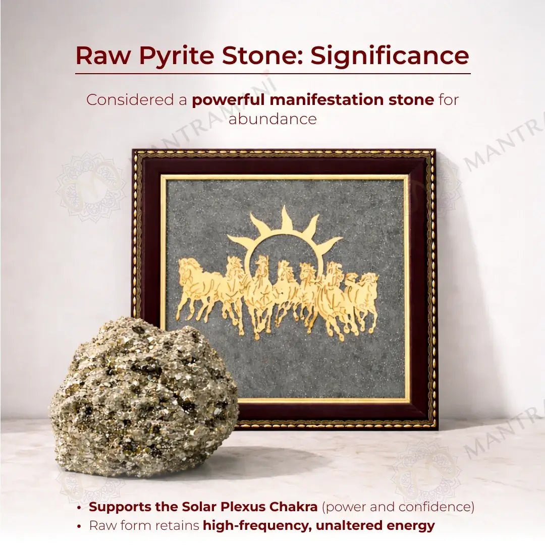 MantraMani 7 Running Horses Frame & Raw Pyrite Stone - Success & Wealth Combo