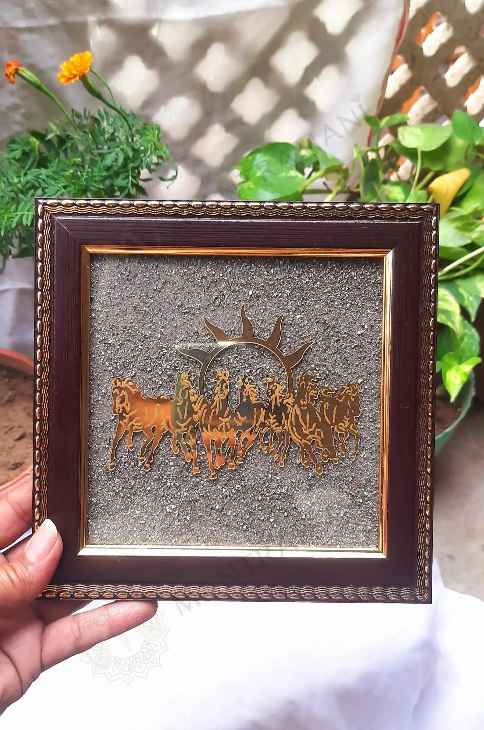 MantraMani 7 Running Horses Frame & Raw Pyrite Stone - Energized Vedic Gemstone Jewelry - MantraMani
