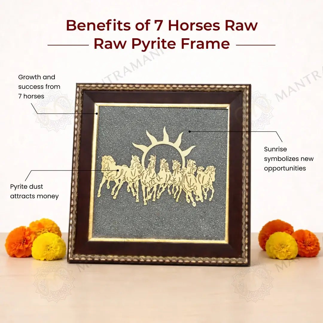 MantraMani 7 Running Horses Frame & Raw Pyrite Stone - Energized Vedic Gemstone Jewelry - MantraMani