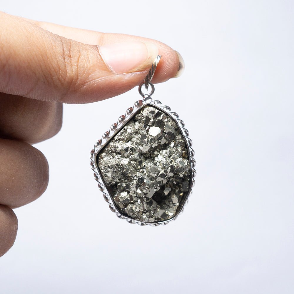 MantraMani Pyrite Crystal Fancy Pendant - Energized Vedic Gemstone Jewelry - MantraMani