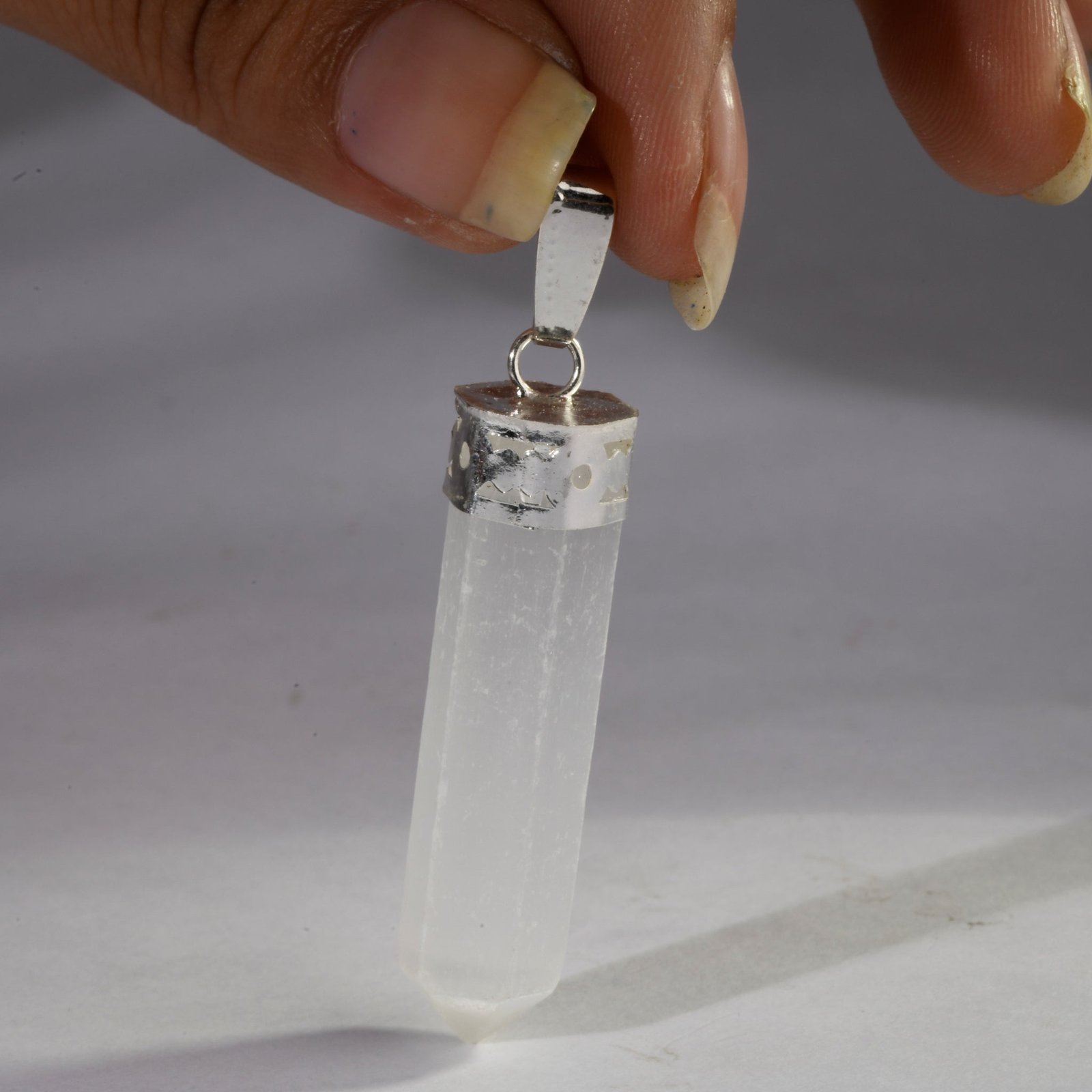MantraMani Selenite Crystal Point Pendant - Energized Vedic Gemstone Jewelry - MantraMani