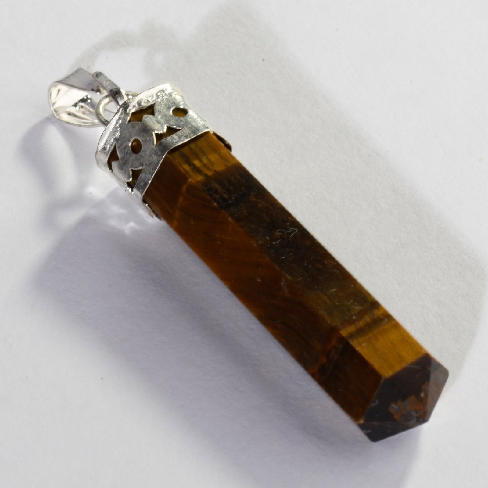 MantraMani Tigers Eye Crystal Point Pendant - Energized Vedic Gemstone Jewelry - MantraMani