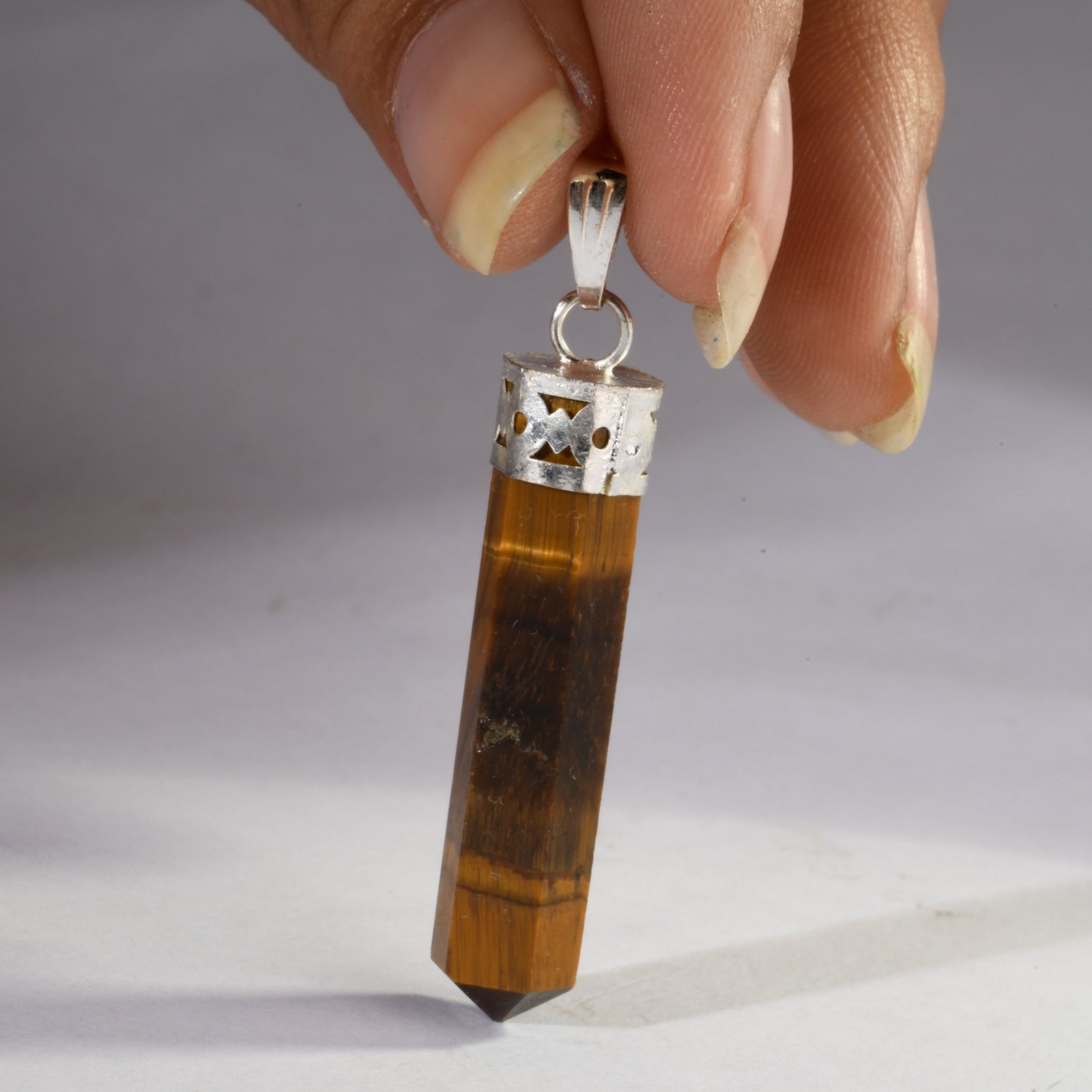 MantraMani Tigers Eye Crystal Point Pendant - Energized Vedic Gemstone Jewelry - MantraMani