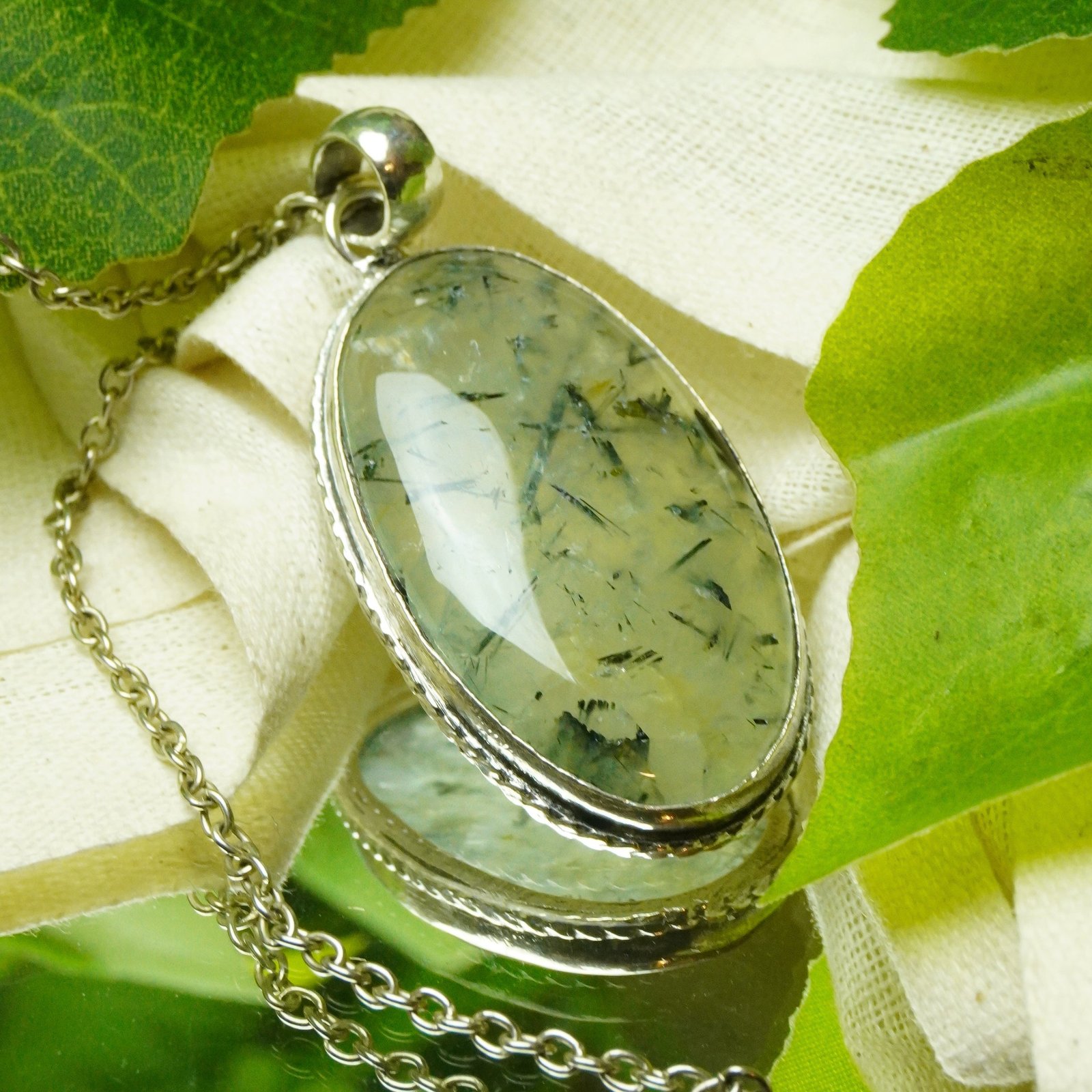 MantraMani Prehnite Crystal Fancy Pendant - Energized Vedic Gemstone Jewelry - MantraMani