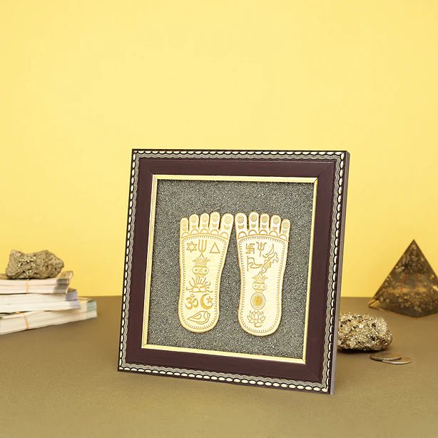 MantraMani Raw Pyrite Frame with Goddess Laxmi Charan Paduka with FREE Raw Pyrite Stone
